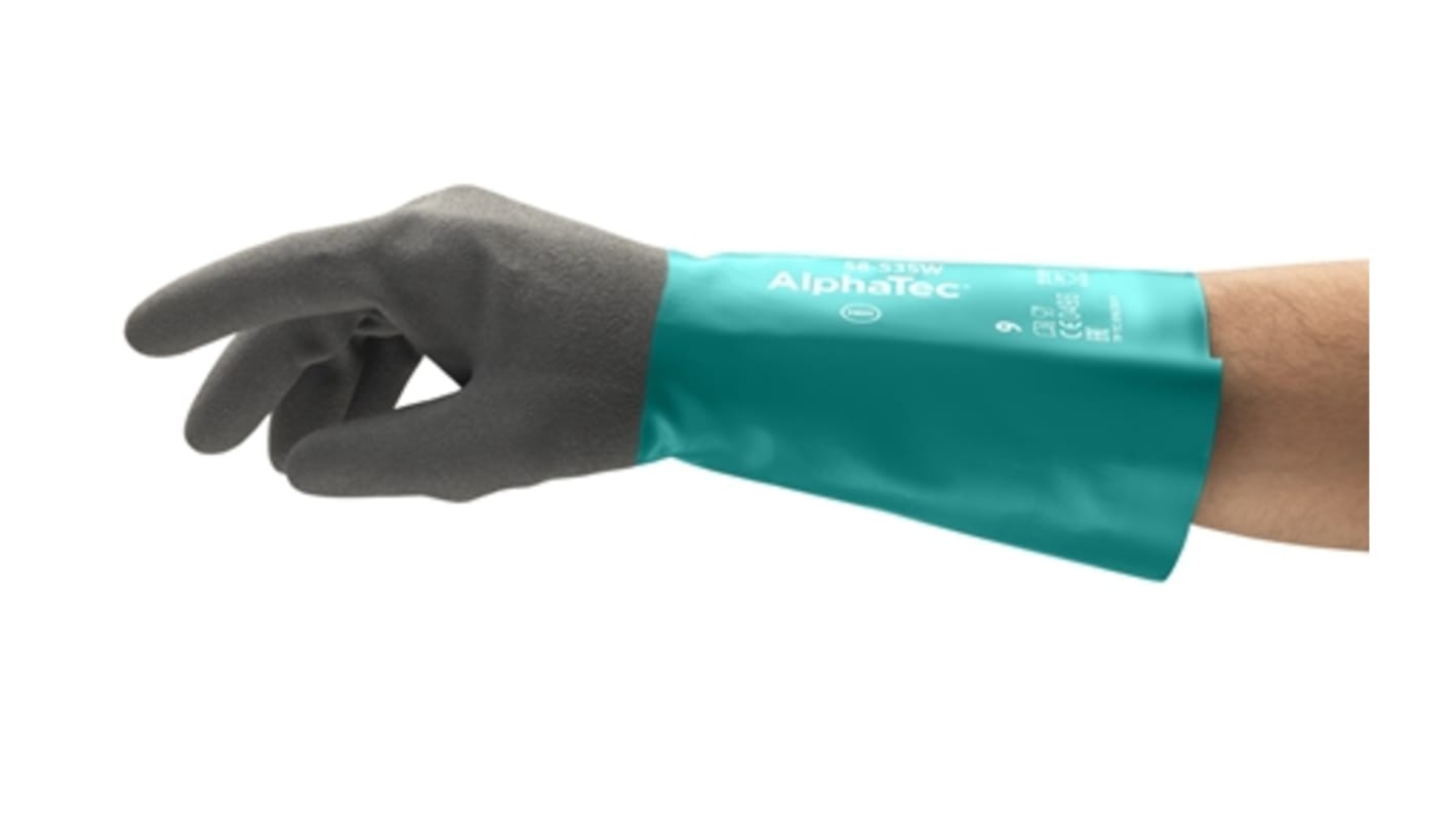 Ansell AlphaTec Green Nylon Chemical Resistant, Waterproof Work Gloves, Size 9, Nitrile Coating