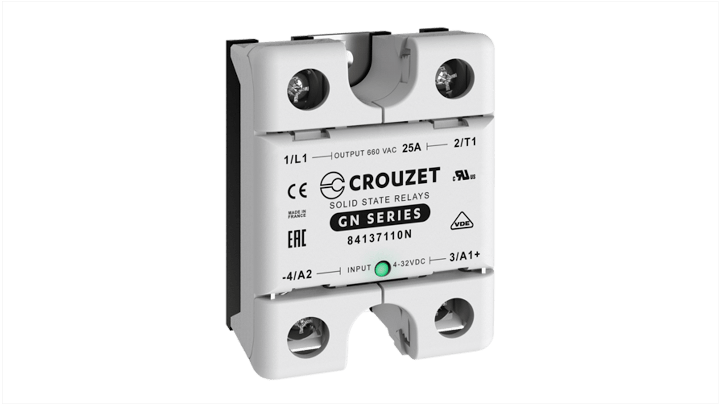 Crouzet Halvlederrelæ, Panelmontering-montering, Maks. 660 V rms, 25 A, Nulgennemgang