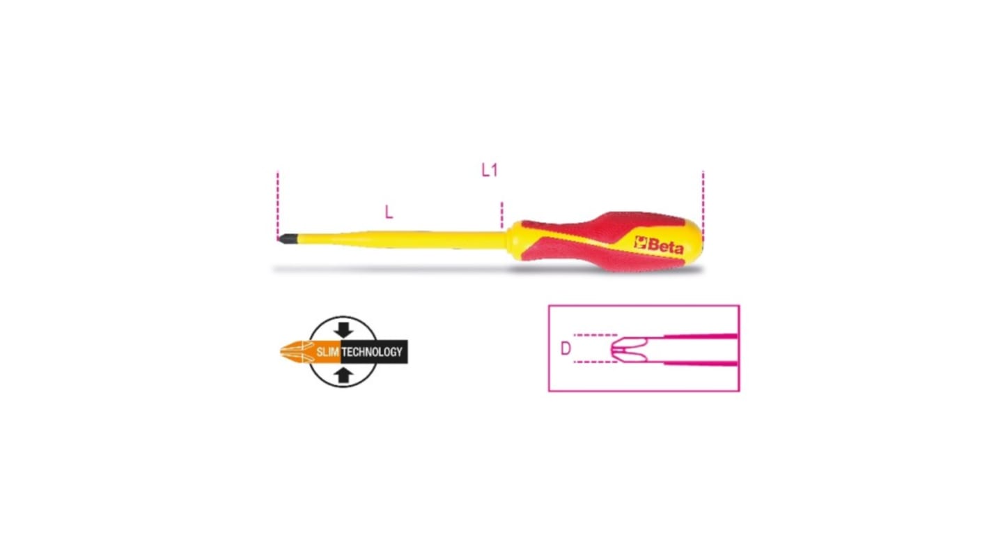 BETA Insulated Screwdriver, PH1 Tip, 80 mm Blade, VDE/1000V, 187 mm Overall