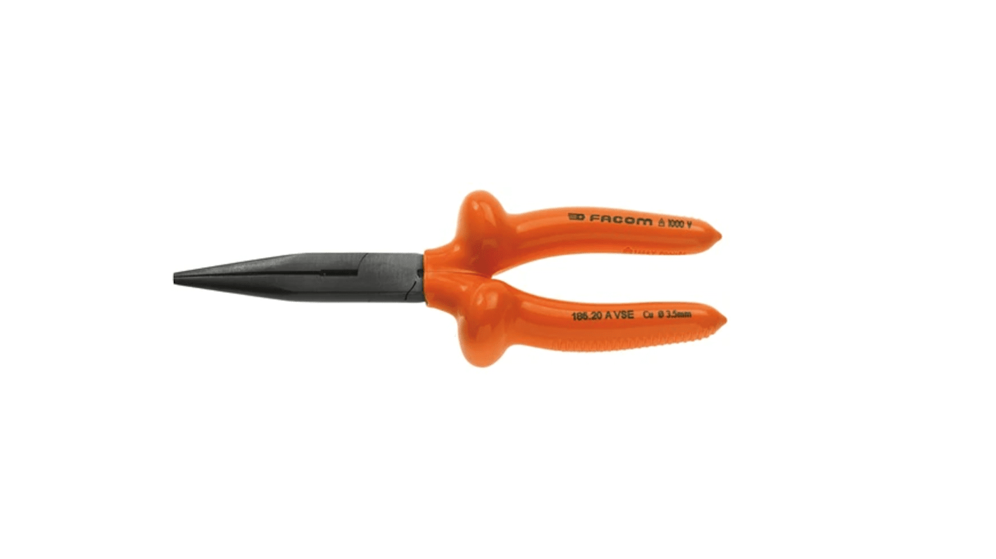 Facom Long Nose Pliers, 200 mm Overall, Straight Tip, VDE/1000V, 69mm Jaw