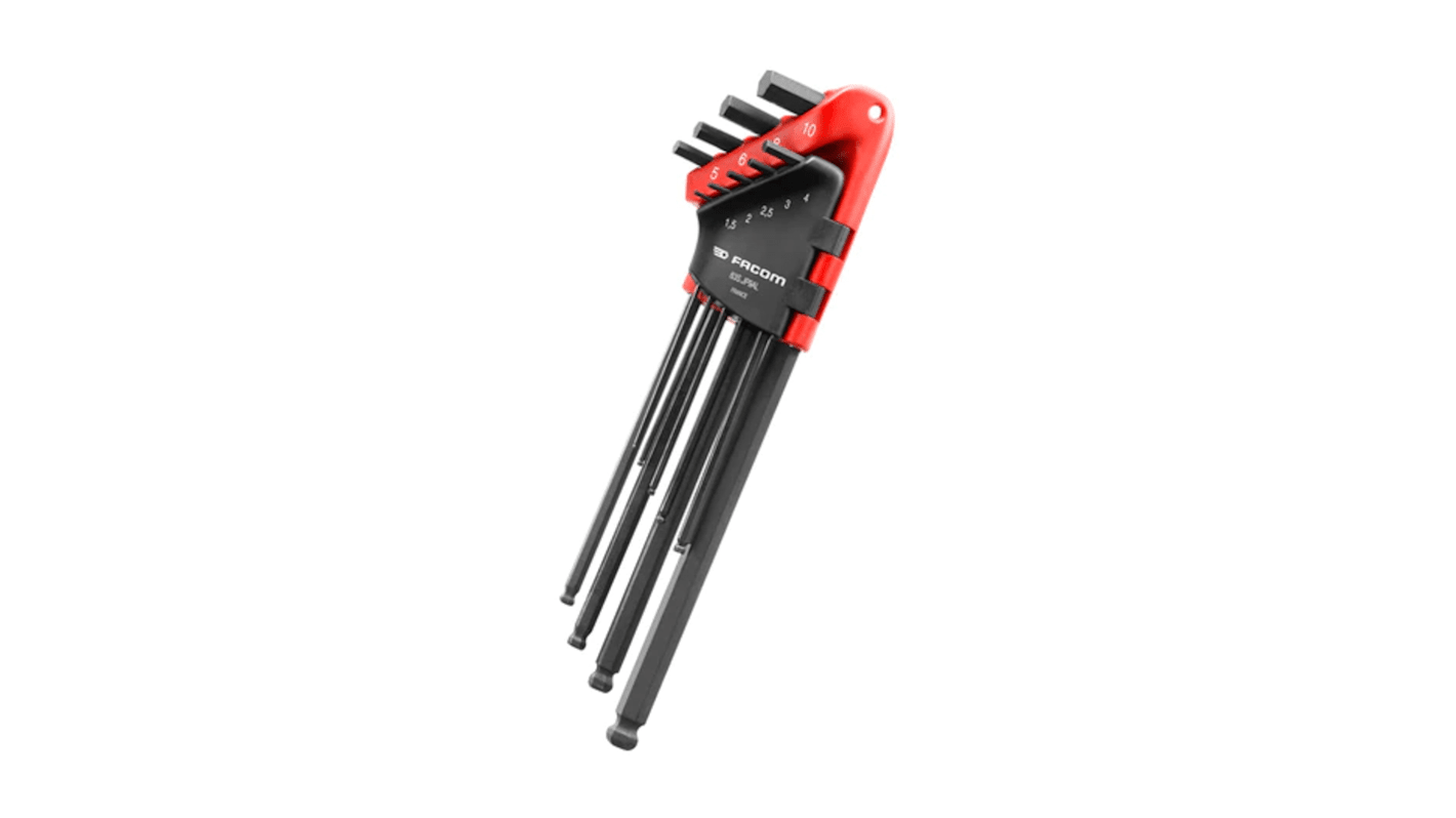 Facom 9 piece L Shape Metric Hex Key Set, 1.5 mm, 2.5 mm, 2 mm, 3 mm, 4 mm, 5 mm, 6 mm, 8 mm, 10 mm