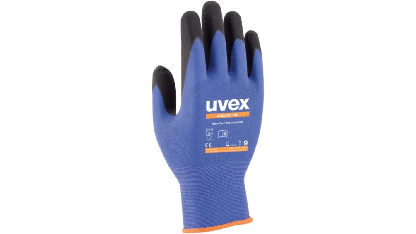 Uvex Uvex Athletic Black, Blue, Grey Elastane, Polyamide Damp Environment Gloves, Size 6, Nitrile Micro-Foam Coating