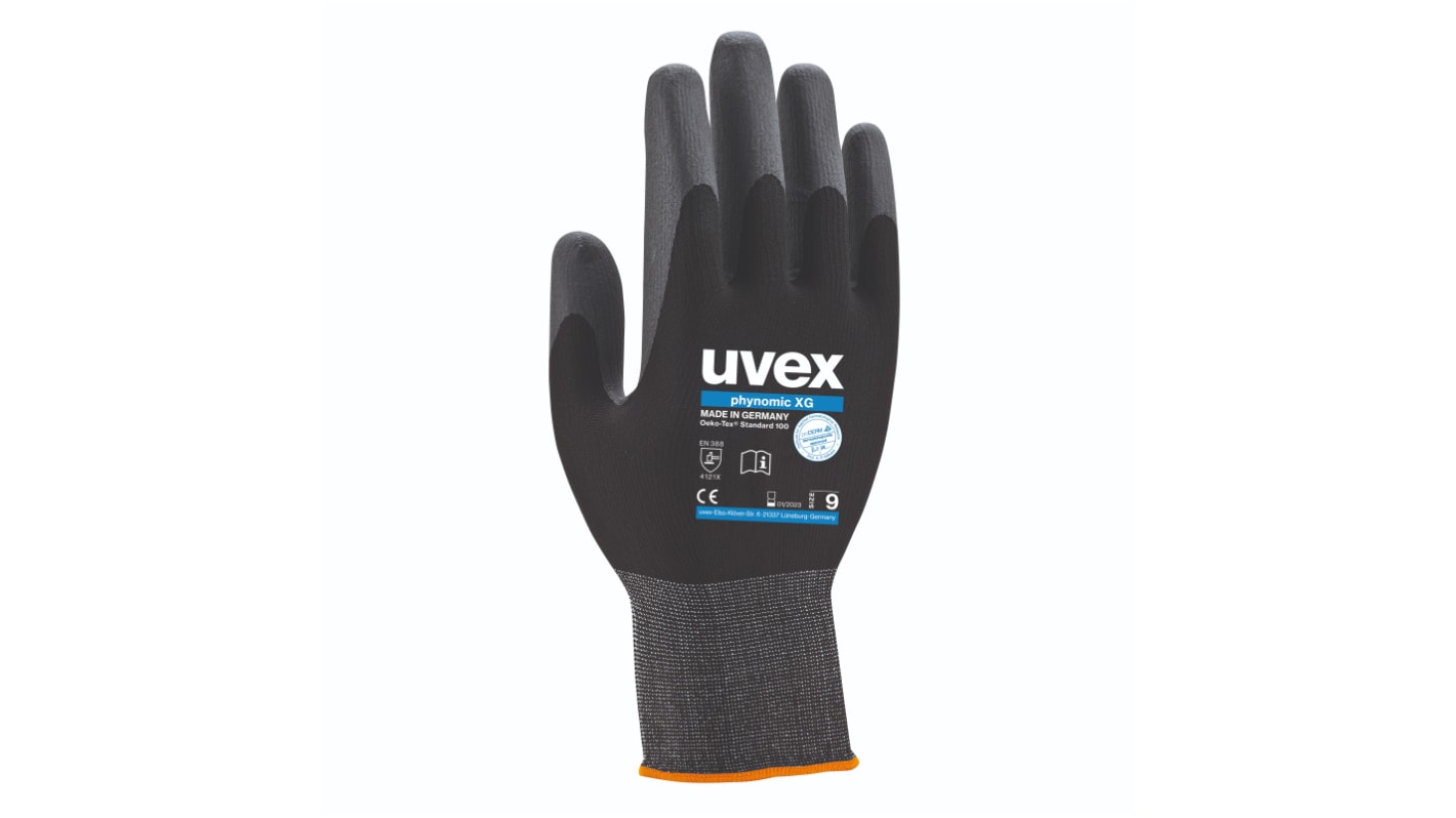 Uvex Black Elastane, Polyamide General Purpose Gloves, Size 9, Aqua Polymer Coating