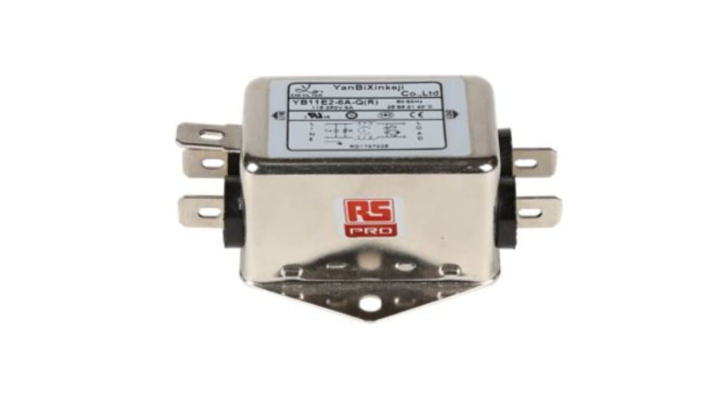 RS PRO Netzfilter, 115/250 V ac, 6A, Gehäusemontage, Flachstecker, 1-phasig 0,4/0,8 mA / 50/60Hz Single Stage Zustände