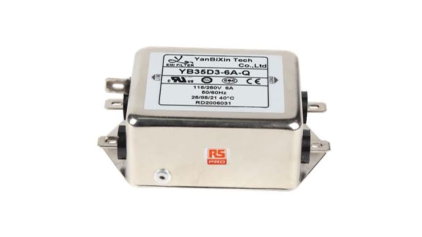 RS PRO EMIフィルタ,電源ラインフィルタ,ノイズフィルタ, 6A, 250 V ac, 単相 シャーシーマウント
