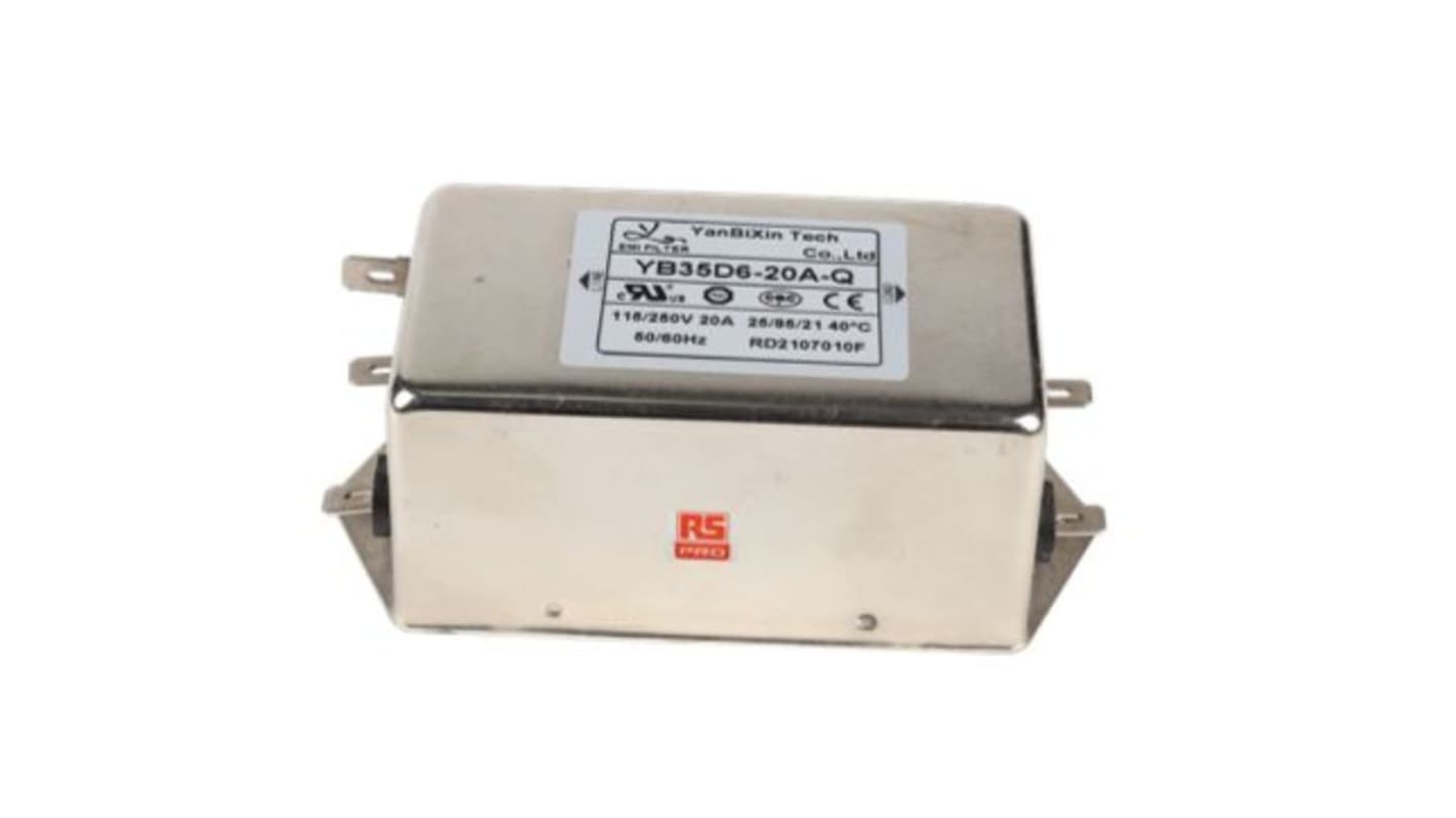 RS PRO 20A 115/250 V ac 50/60Hz, Chassis Mount Power Line Filter, Fast-On, Single Phase