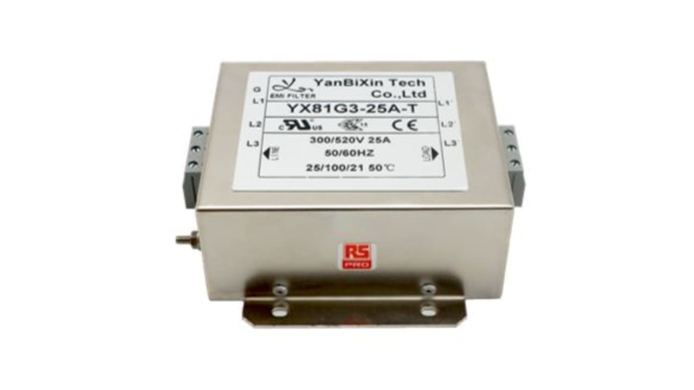 RS PRO 25A 300/520 V ac 50/60Hz, Chassis Mount Power Line Filter, Terminal Block 3 Phase