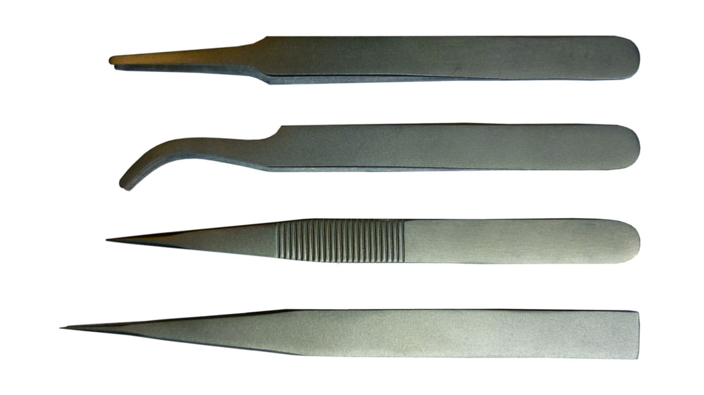 RS PRO 120 mm, 130 mm, Low Carbon Austenitic Steel, Curved, Fine, Flat, Rounded, Tweezer Set