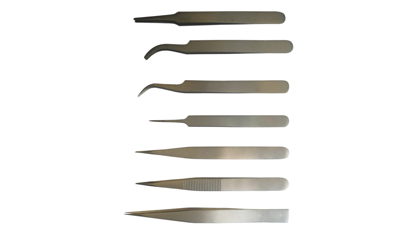 RS PRO 120 mm, 130 mm, Low Carbon Austenitic Steel, Curved, Fine, Flat, Rounded, Tweezer Set