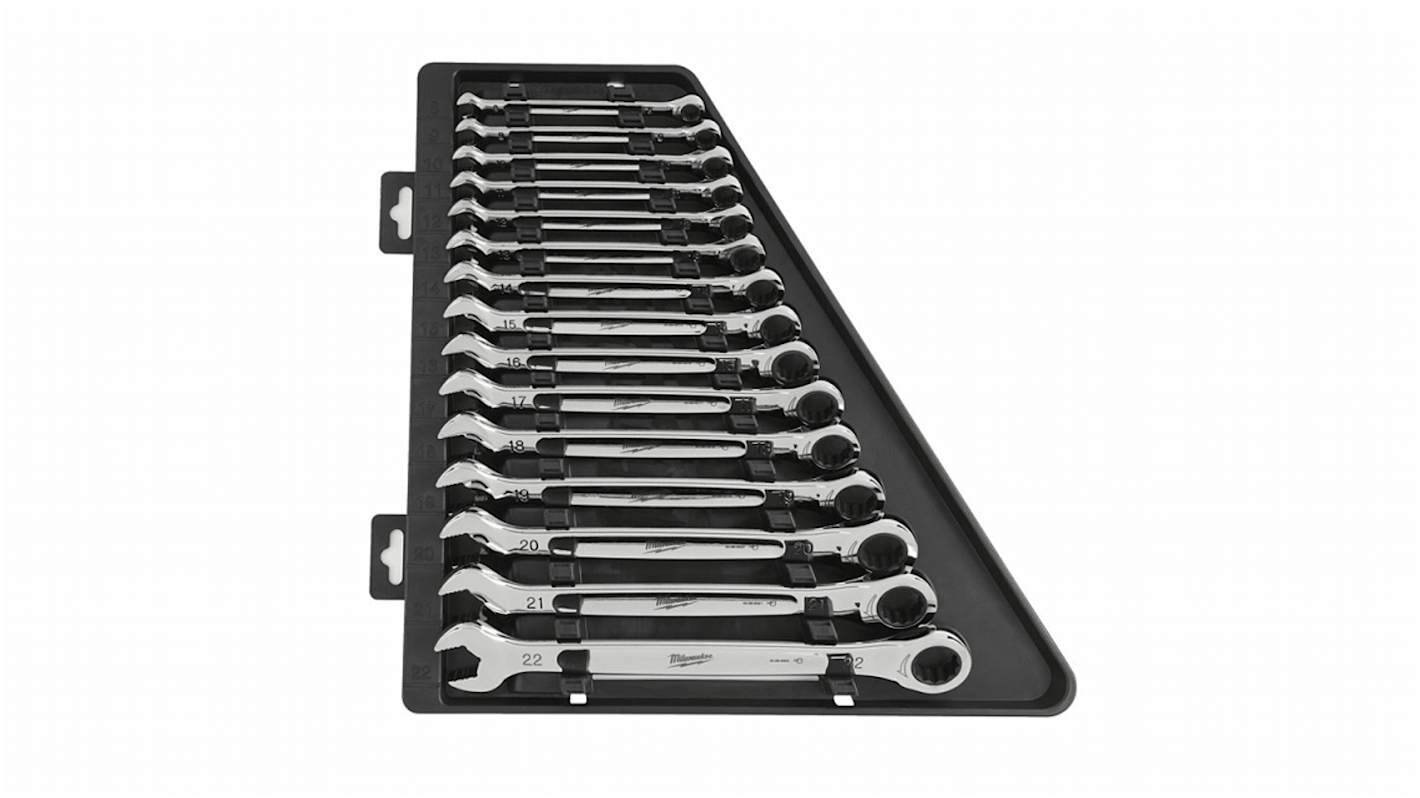 Milwaukee 15-Piece Ratchet Spanner Set, 8 mm, 9 mm, 10 mm, 11 mm, 12 mm, 13 mm, 14 mm, 15 mm, 16 mm, 17 mm, 18 mm, 19