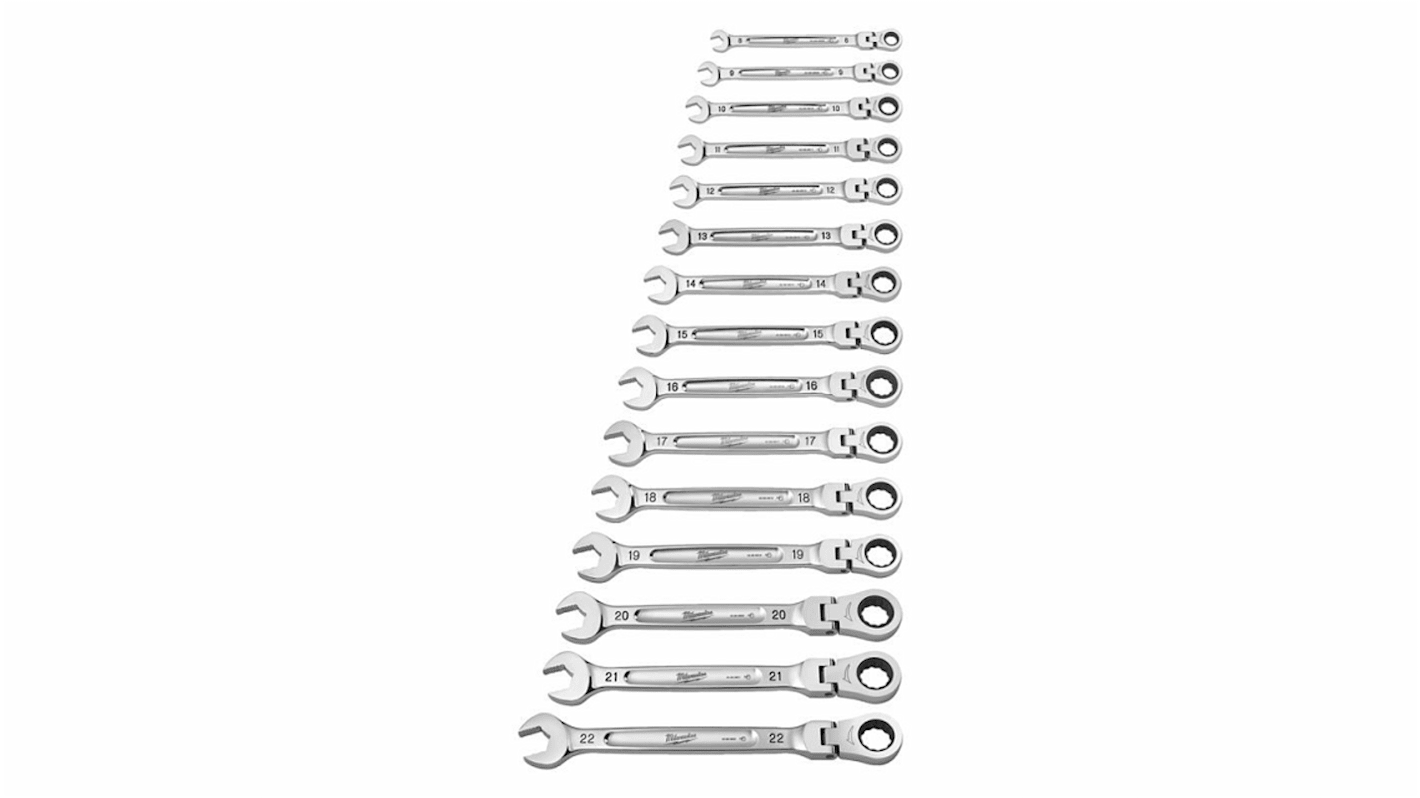 4932478558 Milwaukee 15 Piece Ratchet Spanner Set 8 mm 9 mm 10 mm 11 mm 12 mm 13 mm 14 mm 15 mm 16 mm 17 mm 18 mm 19 RS
