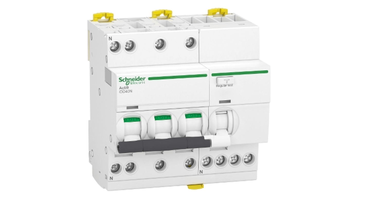 Schneider Electric RCBO, 20A Current Rating, 3P+N Poles, 30mA Trip Sensitivity, Type C, Acti9 Range
