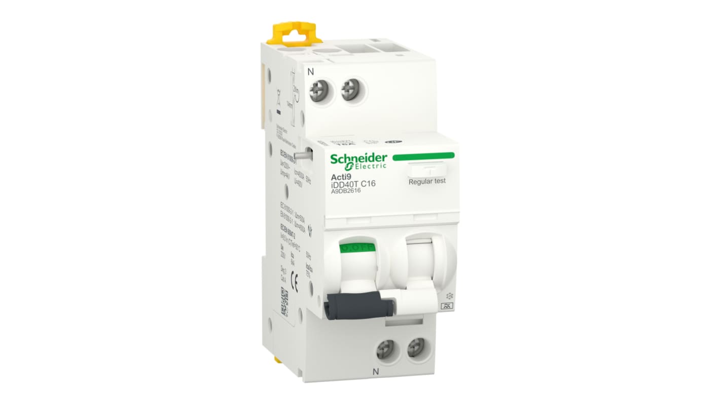 Schneider Electric RCBO, 16A Current Rating, 1P+N Poles, 30mA Trip Sensitivity, Type C, Acti9 Range