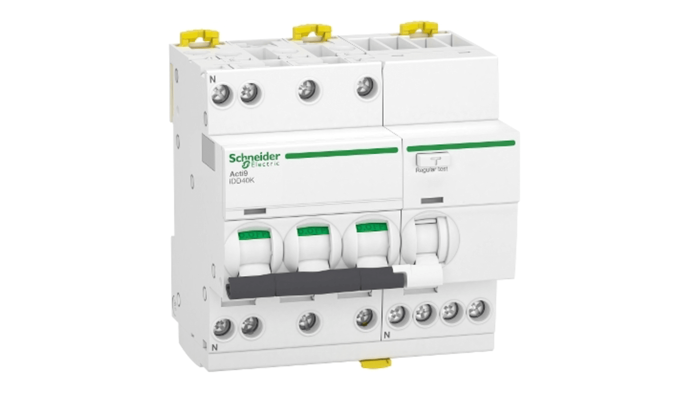 Schneider Electric RCBO, 40A Current Rating, 3P+N Poles, 30mA Trip Sensitivity, Type C, Acti9 Range