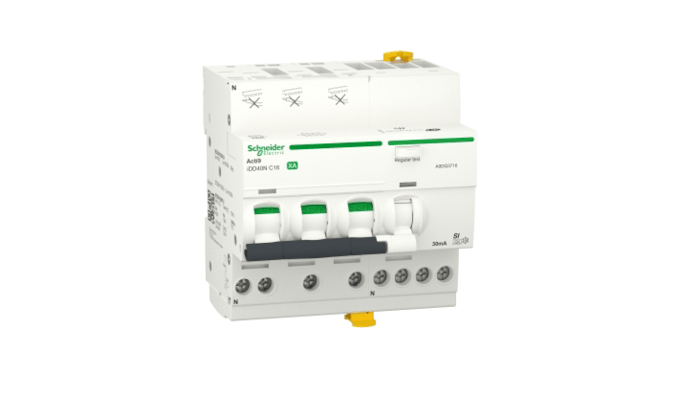 Schneider Electric RCBO, 16A Current Rating, 3P+N Poles, 30mA Trip Sensitivity, Type C, Acti9 Range