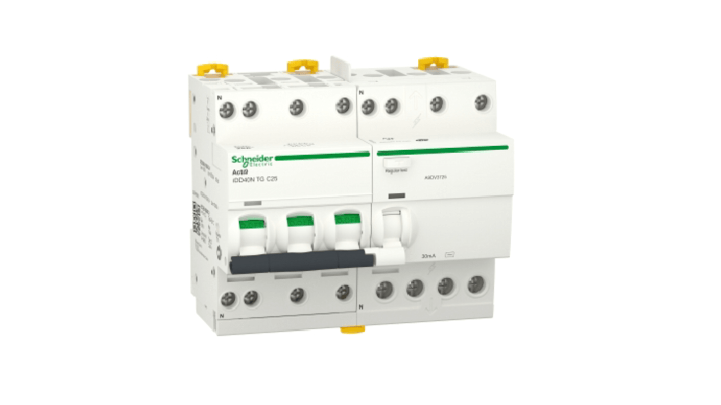 Schneider Electric RCBO, 25A Current Rating, 3P+N Poles, 30mA Trip Sensitivity, Type C, Acti9 Range