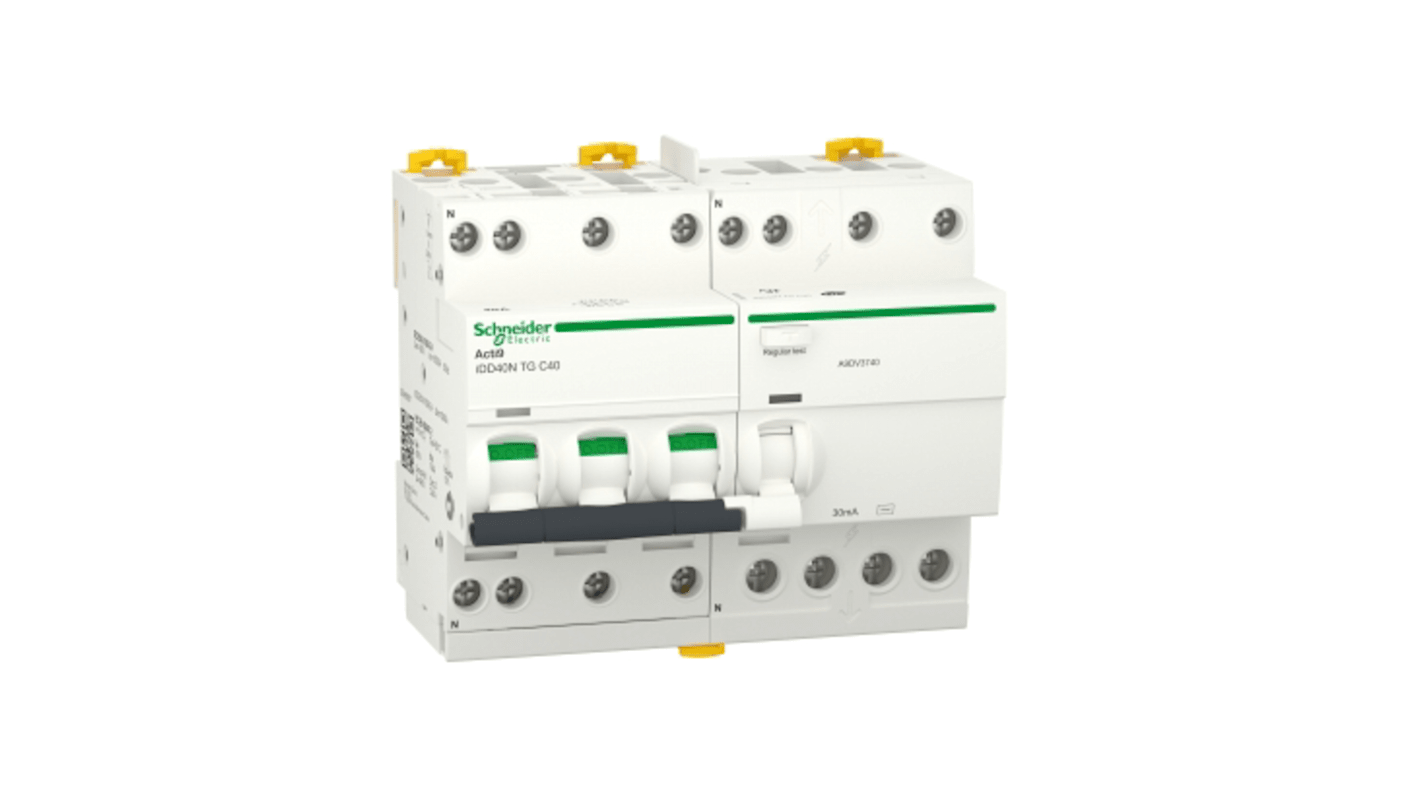 Schneider Electric RCBO, 40A Current Rating, 3P+N Poles, 30mA Trip Sensitivity, Type C, Acti9 Range