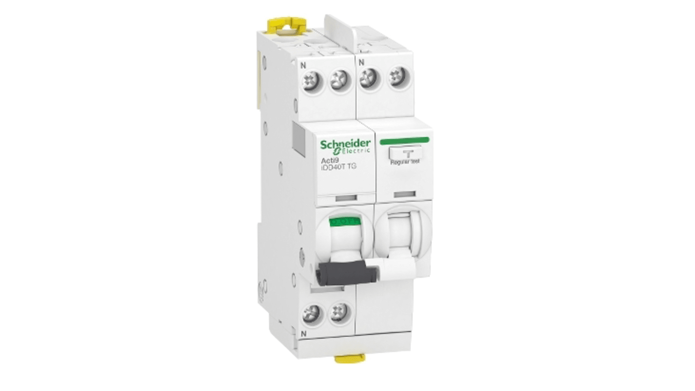 Schneider Electric RCBO, 40A Current Rating, 1P+N Poles, 30mA Trip Sensitivity, Type C, Acti9 Range