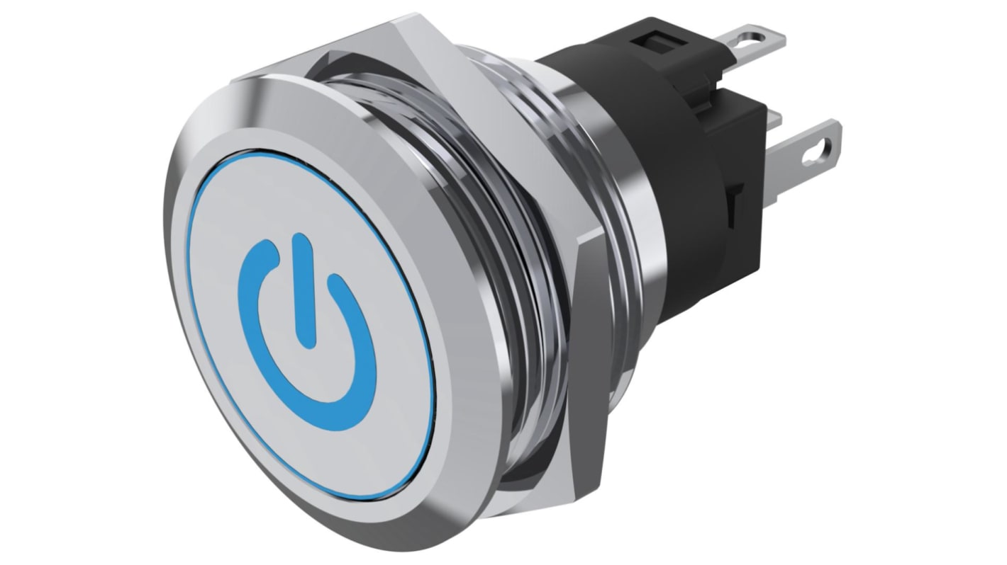 EAO 82 Series Illuminated Push Button Switch, Momentary, Panel Mount, 22.3mm Cutout, SPDT, Blue LED, 240V, IP65, IP67