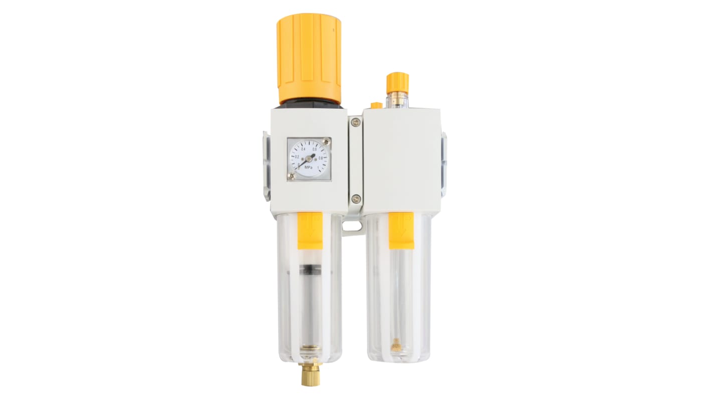 RS PRO G 1/4 Filter Regulator Lubricator, Manual Drain, 40μ Filtration Size - With Pressure Gauge