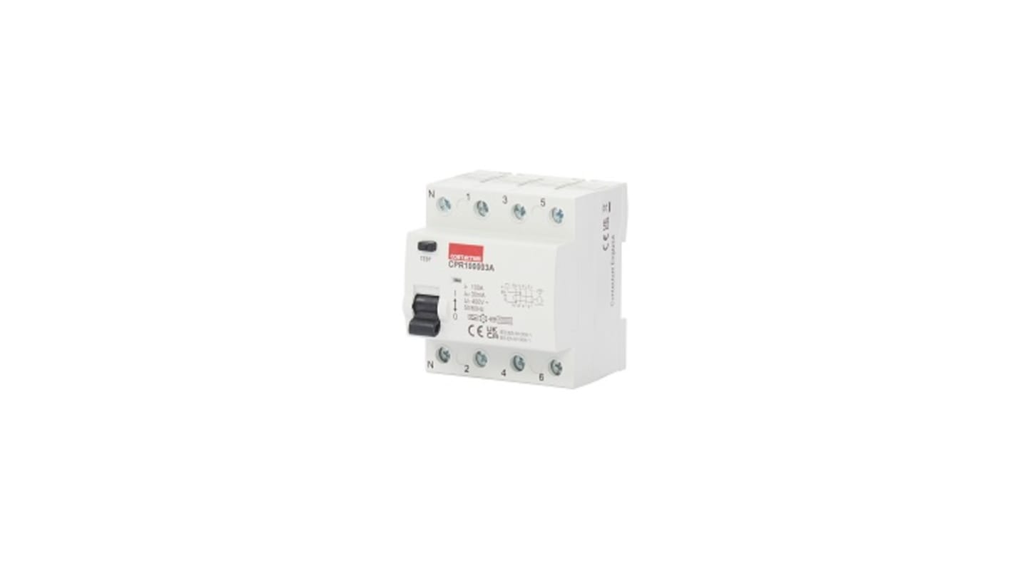 Contactum A Type RCD RCCB, 100A, 4 Pole, 30mA, Type A, 220 → 415V ac