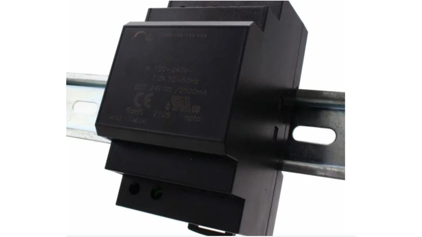 Alimentatore a montaggio su guida DIN Brainboxes, 24V cc, 2.5A, 85 → 264V ac / 120 → 370V cc, 60W