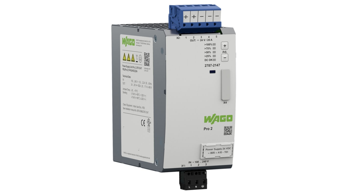 Alimentatore a montaggio su guida DIN WAGO, 24V cc, 20A, 230V, 480W