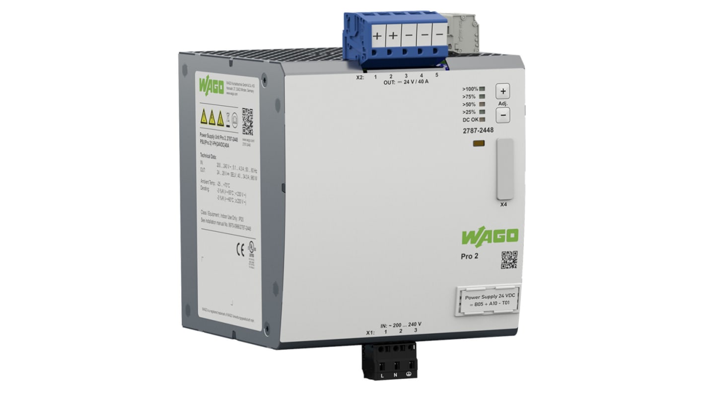 WAGO 2787 DIN Rail Power Supply, 230V ac, dc Input, 24V dc dc Output, 40A Output, 960W