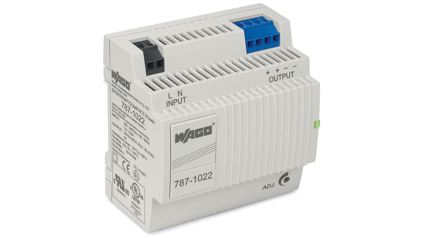 WAGO 787 Switched Mode DIN Rail Power Supply, 230V ac, dc Input, 24V dc dc Output, 4A Output, 96W