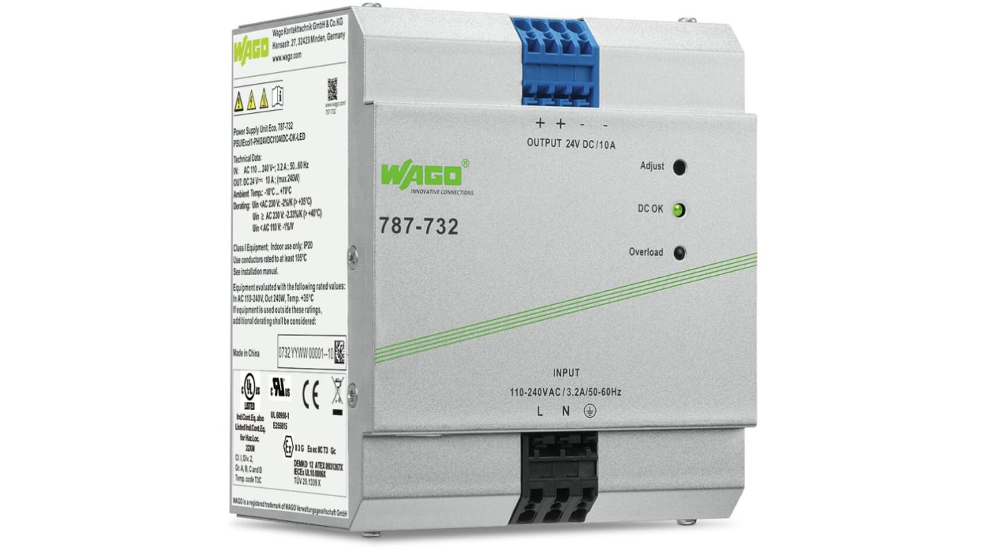 WAGO DIN-sín tápellátás, 1 kimenet, 24V dc, 10A, BE: 230V, 240W