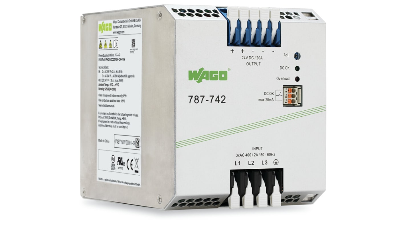 Wago 787 Switch-mode strømforsyning DIN-skinnemonteret strømforsyning, 480W 24V dc