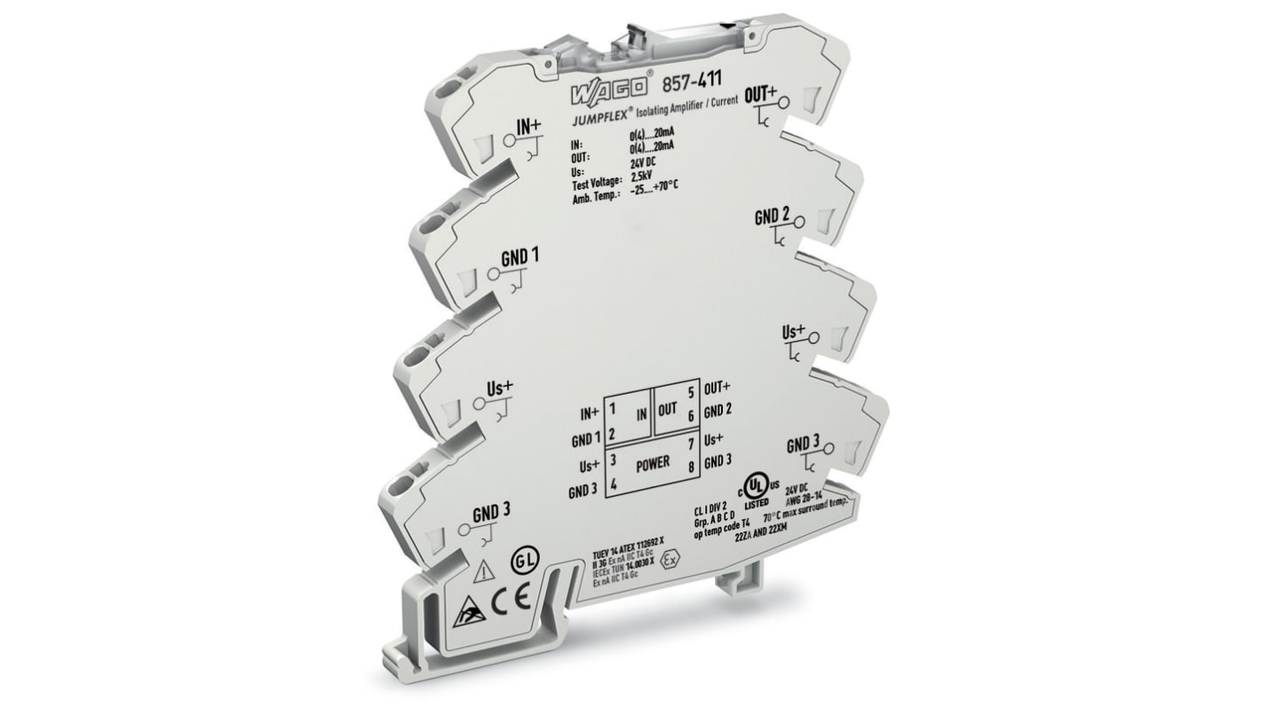WAGO 857 Series Signal Conditioner, Current Input, Current, Voltage Output, 24V dc Supply, ATEX, IECEx