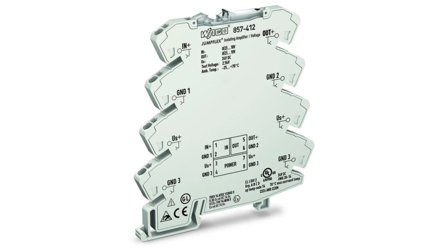 WAGO 信号调节器, 0 → 10 V, 2 → 10 V电压输入, 0 → 10 V，2 → 10 V电流，电压输出, 24V 直流, DIN导轨安装