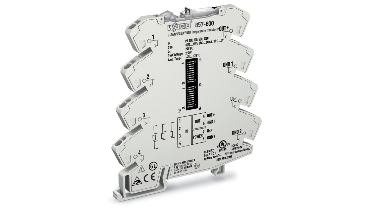 Acondicionador de señal Wago 857, alim. 24V dc, in. 0 → 1kΩ, out. 0 → 5 V,  0 → 10 V,  1 →