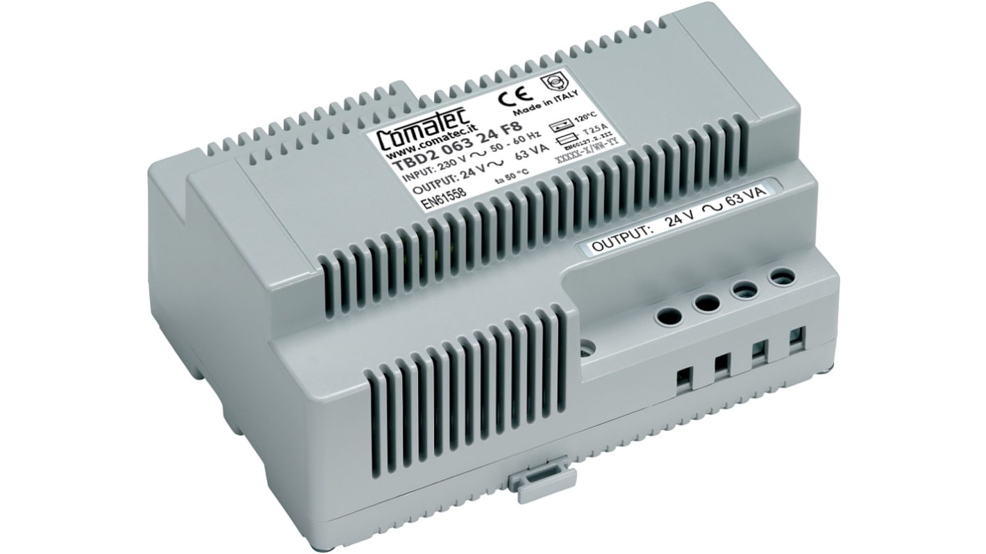 Comatec 63VA DIN Rail Transformer, 230V ac Primary, 24V ac Secondary
