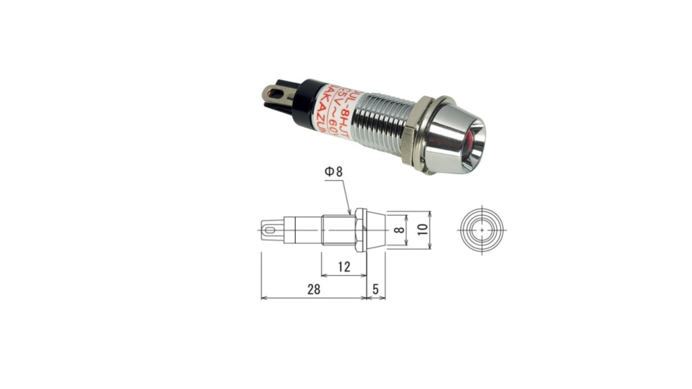 Sakazume Electric 表示灯, 60V, 赤, 実装ホールサイズ:8mm, DUL-8HJT-R/R | RS