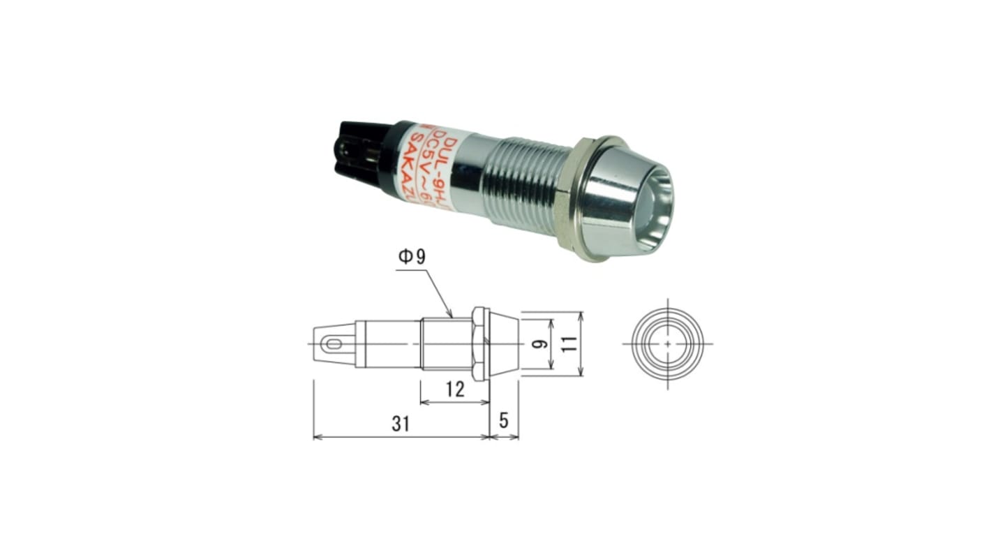 Sakazume Electric 表示灯, 60V, 赤, 実装ホールサイズ:9mm, DUL-9HJT-R/R | RS