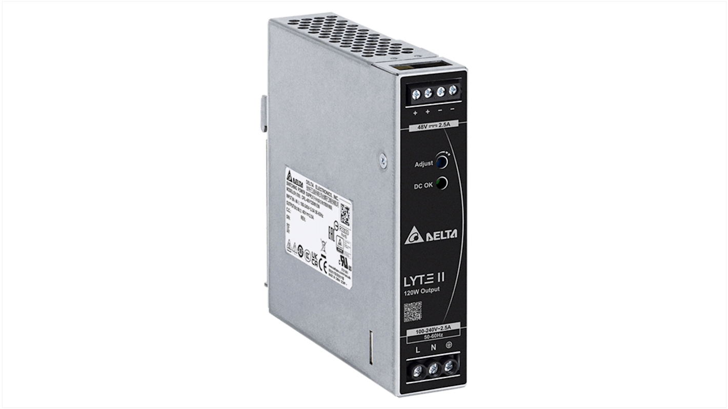 Delta Electronics DRL Switched Mode DIN Rail Power Supply, 90 → 264V ac ac Input, 48V dc dc Output, 2.5A Output,