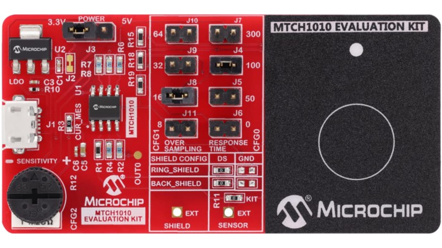 Microchip MTCH1010 Evaluation Kit 评估套件, 电容式触摸传感器, EV24Z38A芯片, 用于MTCH1010 评估套件