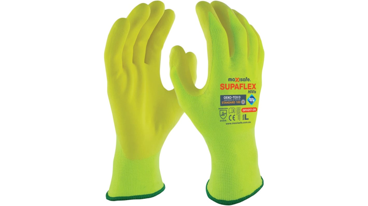 Maxisafe Green Lycra, Nylon Abrasion Resistant Work Gloves, Size 9, Nitrile, Polyurethane Coating