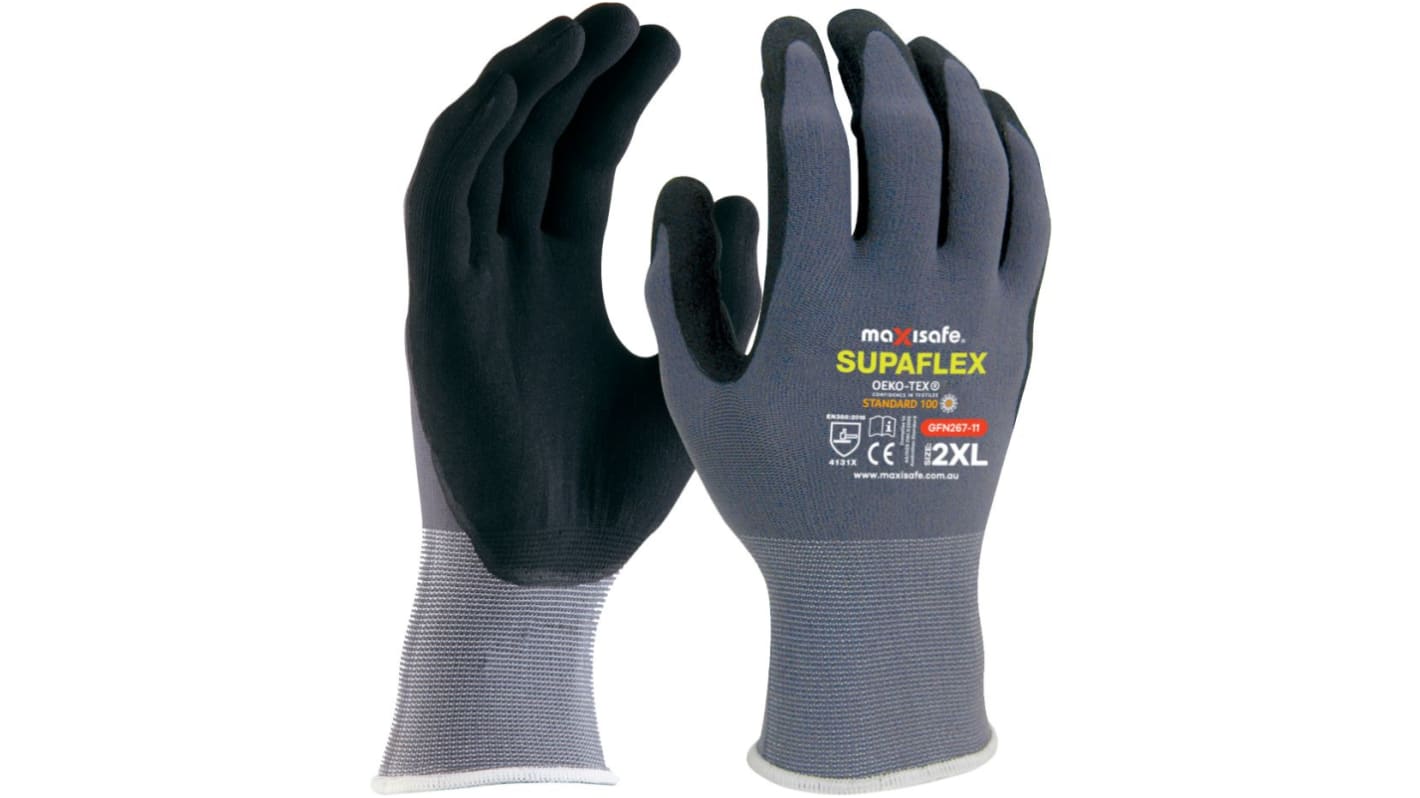 Maxisafe Black, Grey Lycra, Nylon Abrasion Resistant Work Gloves, Nitrile, Polyurethane Coating