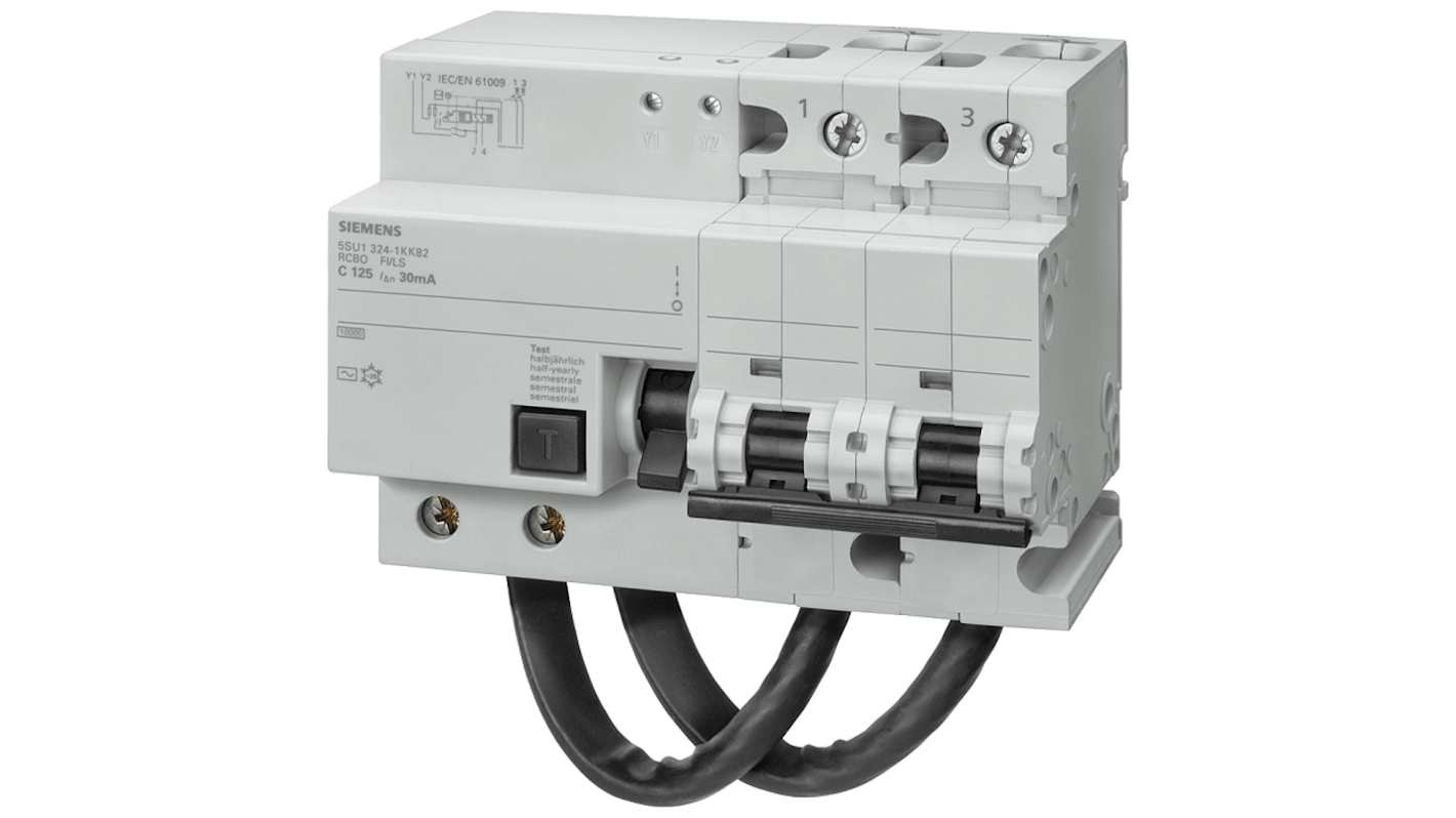 Siemens RCBO, 125A Current Rating, 2P Poles, 30mA Trip Sensitivity, Type B, Sentron Range