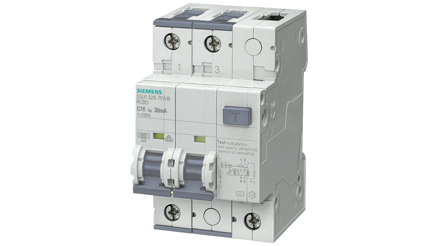 Siemens RCBO, 10A Current Rating, 2P Poles, 30mA Trip Sensitivity, Type B, Sentron Range