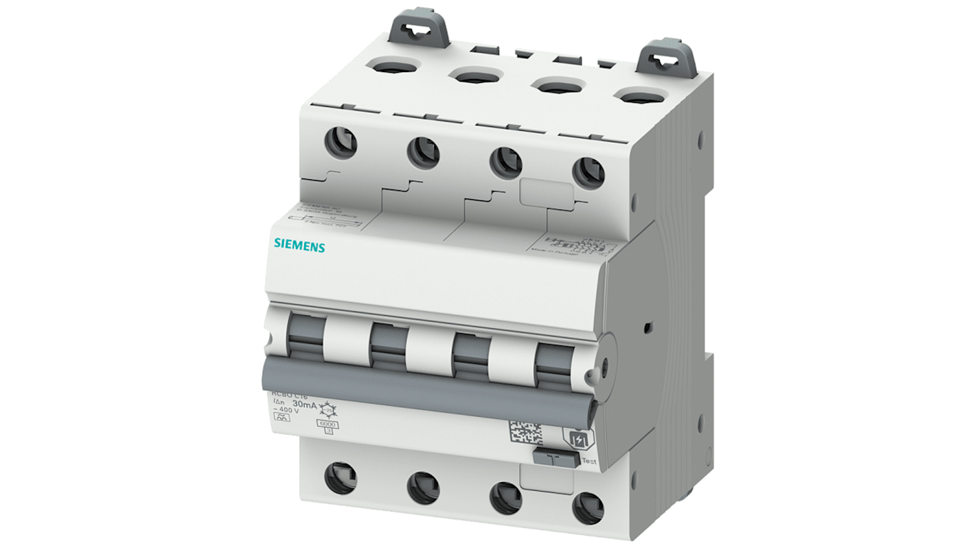 Siemens RCBO, 16A Current Rating, 4P Poles, 30mA Trip Sensitivity, Type B, Sentron Range