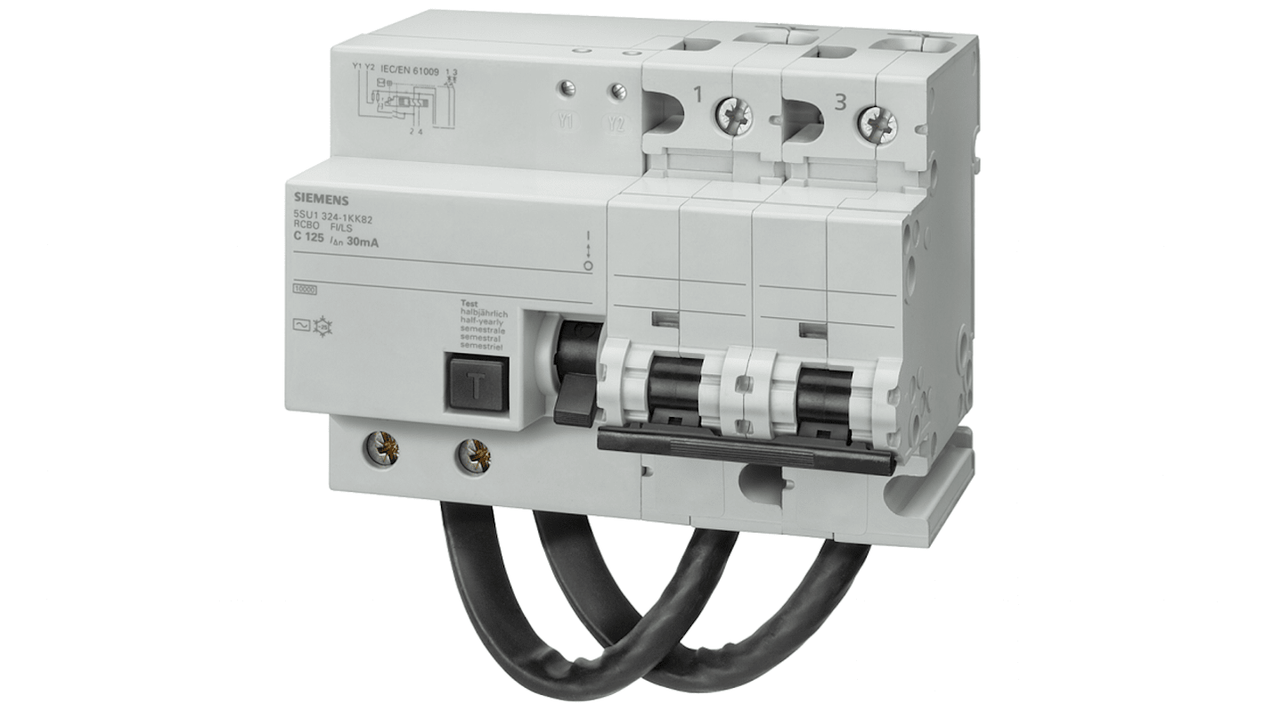 Siemens RCBO, 125A Current Rating, 2P Poles, 300mA Trip Sensitivity, Type C, Sentron Range