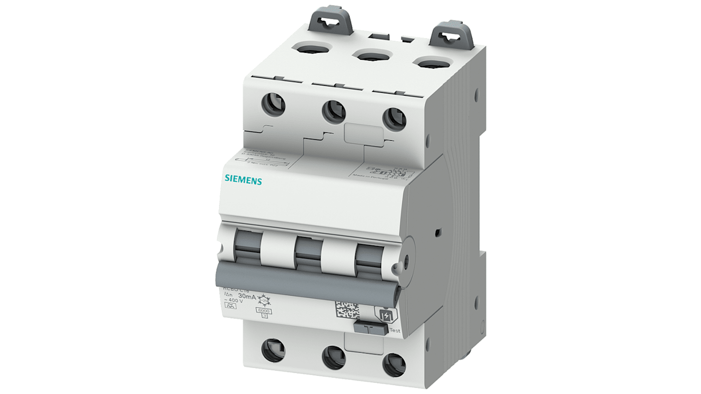 Siemens RCBO, 6A Current Rating, 3P Poles, 300mA Trip Sensitivity, Type C, Sentron Range