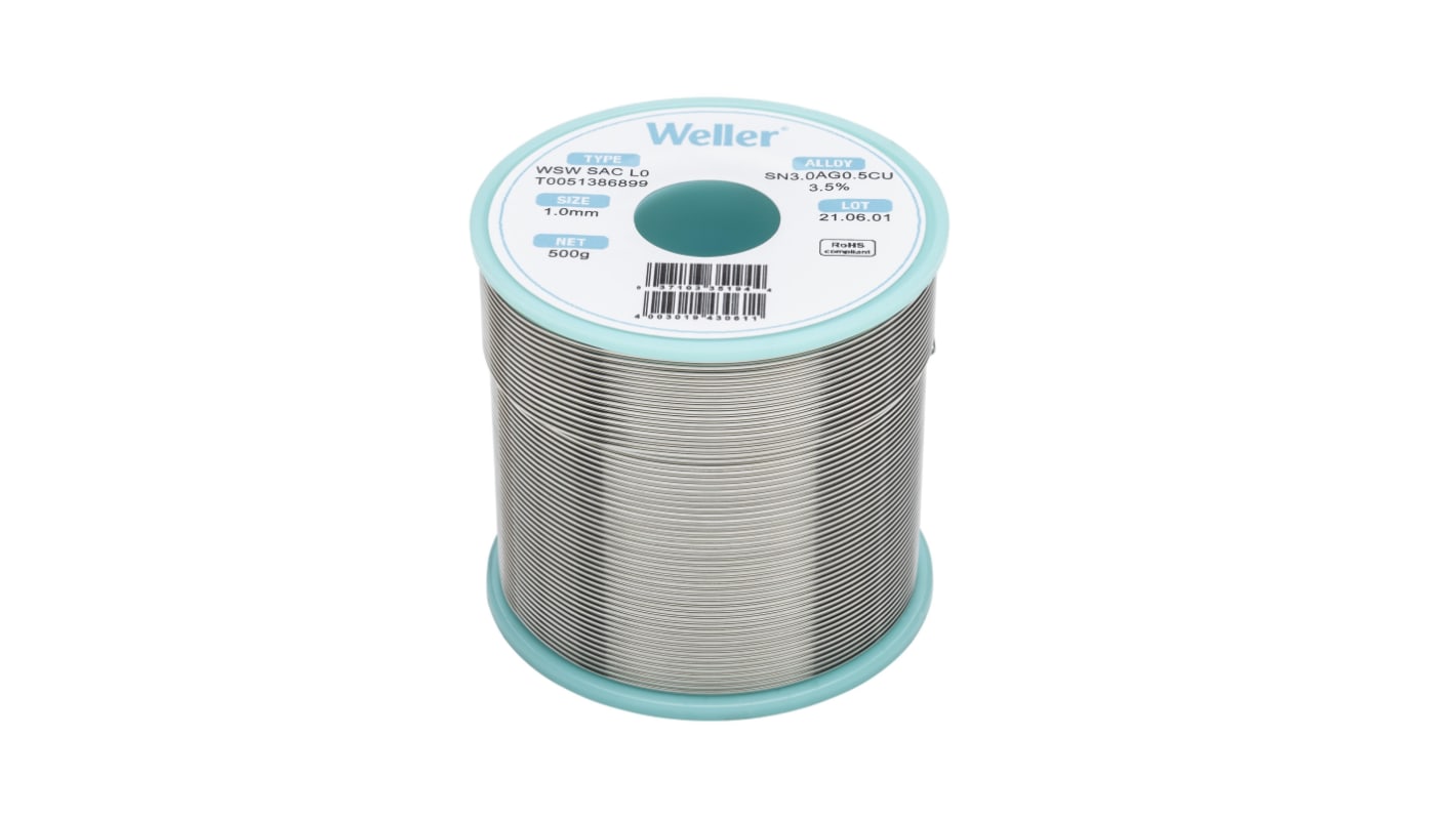 Lut bez ołowiu średnica 1mm Weller 0% Pb temp. topnienia 217-221°C 500g 0.5% Cu 96.5% Zn 3% Ag