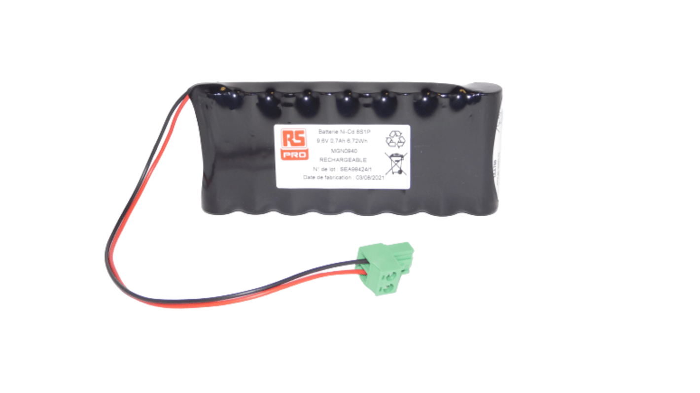 RS PRO 镍镉充电电池, 尺寸型号AA, 9.6V, 700mAh容量, 插入接端, 工作温度-30 → +60°C