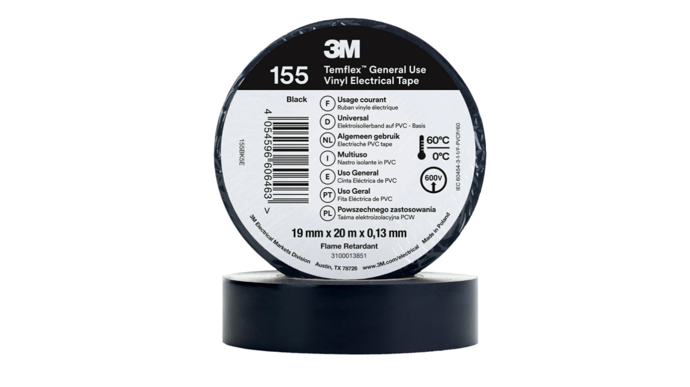 3M Temflex 155 Isolierband, Vinyl Schwarz, 0.13mm x 19mm x 20m bis +60°C