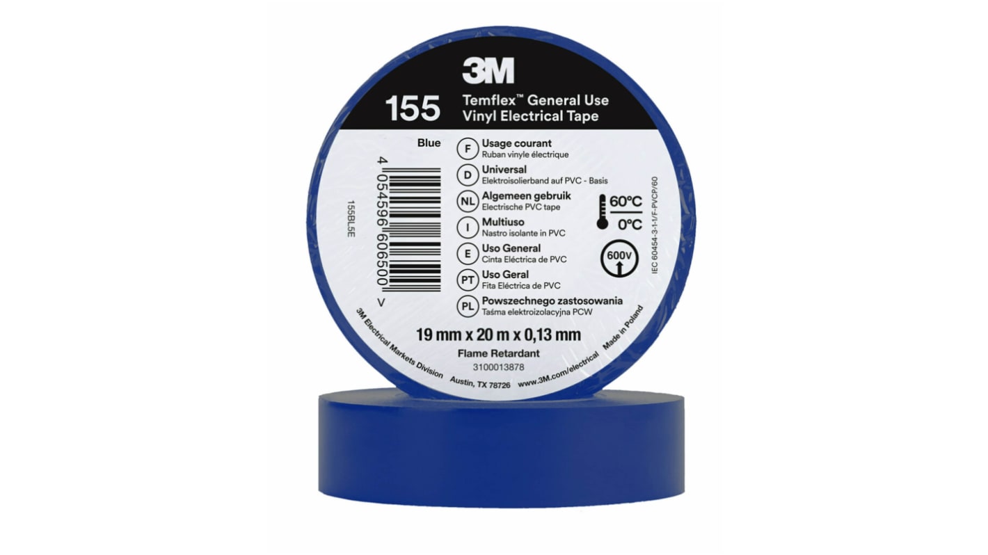 3M Temflex 155 Blue PVC Electrical Tape, 19mm x 20m